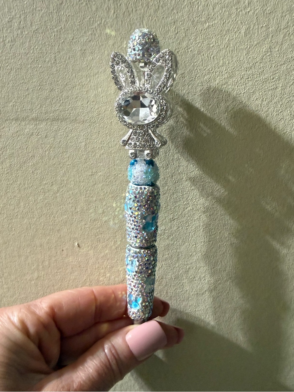 Sparkling Bunny Charm Beaded Pen - Silver & Light Blue